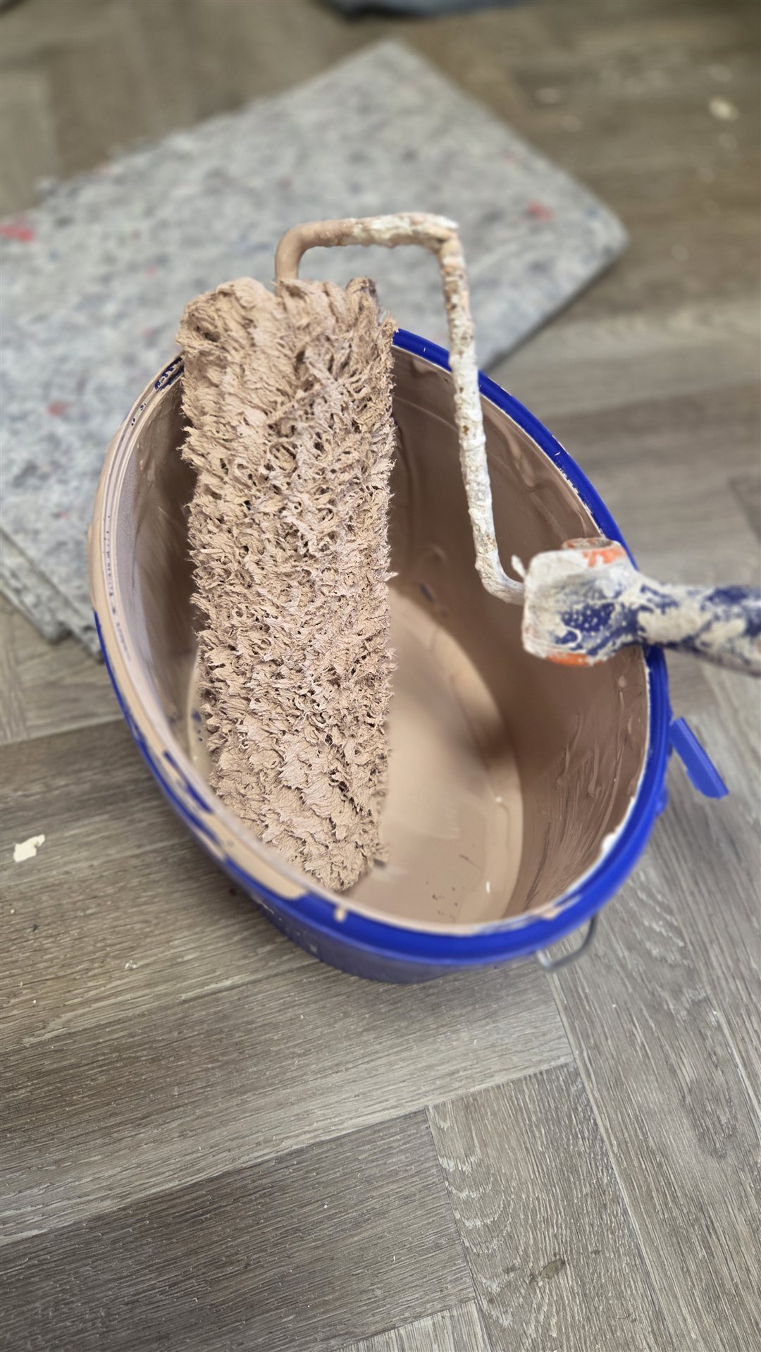 Farbrolle mit Terrakotta-Farbe im Eimer, im Hintergrund Fischgrätboden